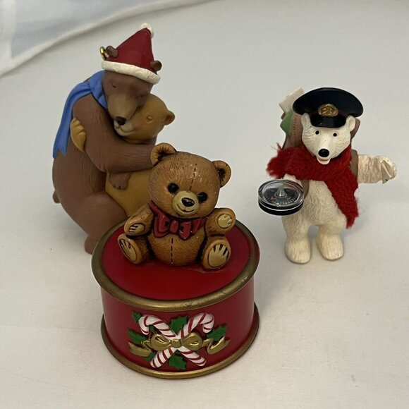 3 Vintage Hallmark Bear Themed Ornaments Trinket Box Polar Bear Mom And Dad - Picture 1 of 16